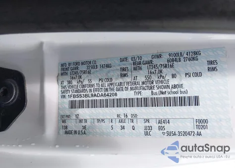 2010 Ford E-350 Super Duty Xl/Xlt z USA, uszkodzony, nr VIN 1FBSS3BL9ADA64208